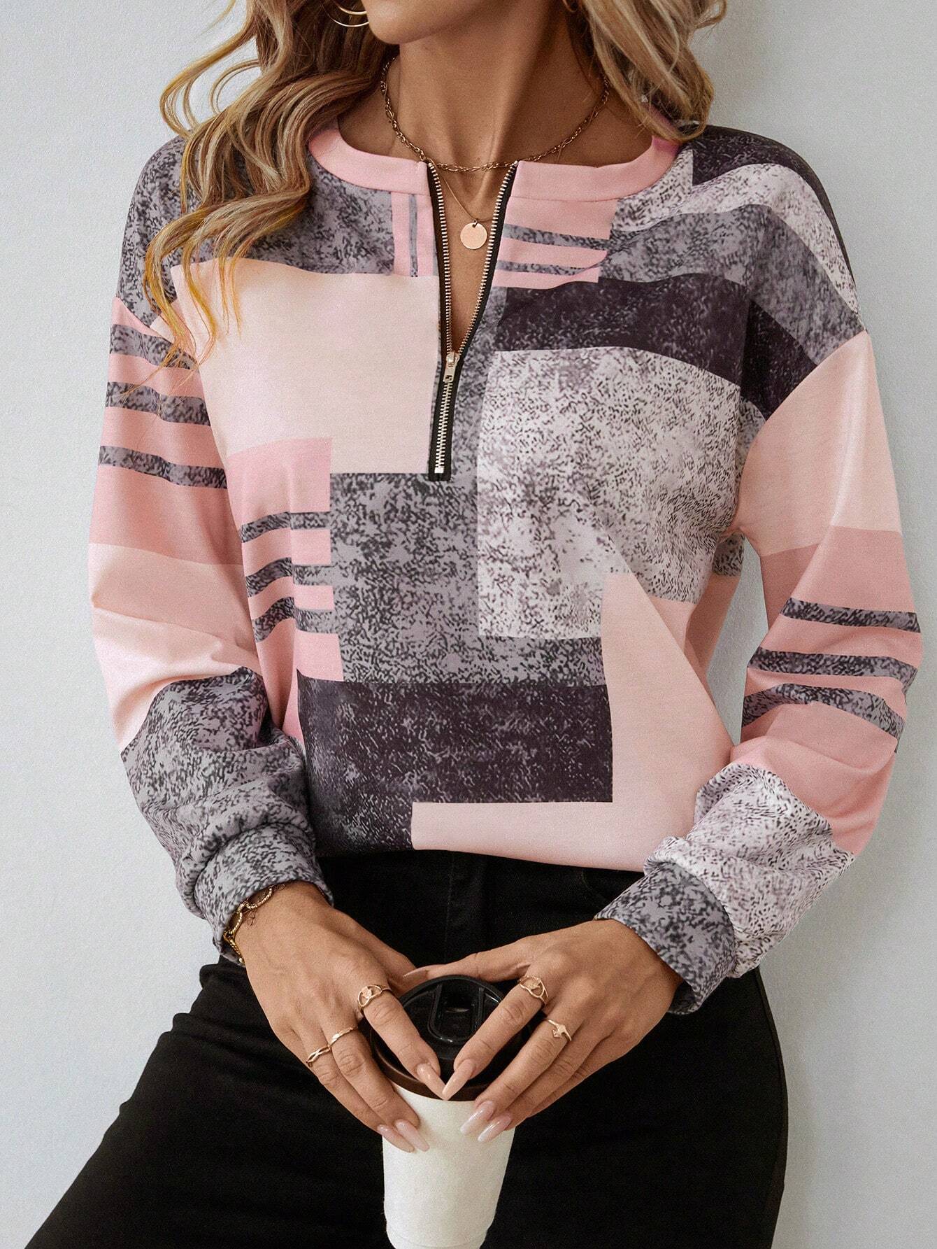 Dames trui met modieuze patchworkprint en halve rits – comfortabel sweatshirt in trendy casual stijl voor werk, vrije tijd en onderweg
