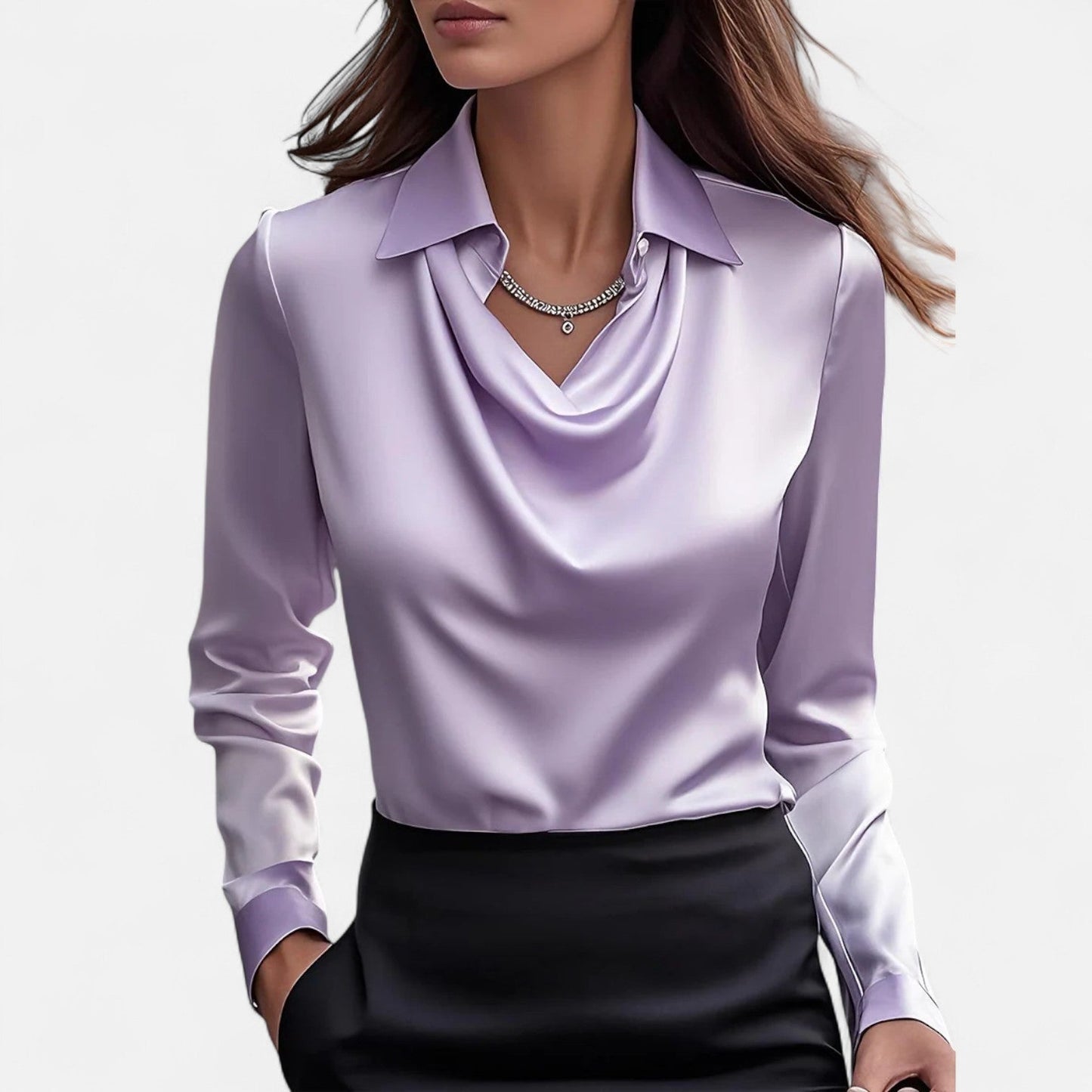 Dames blouse in diverse kleuren – satijnen blouse met watervalhals en lange mouwen