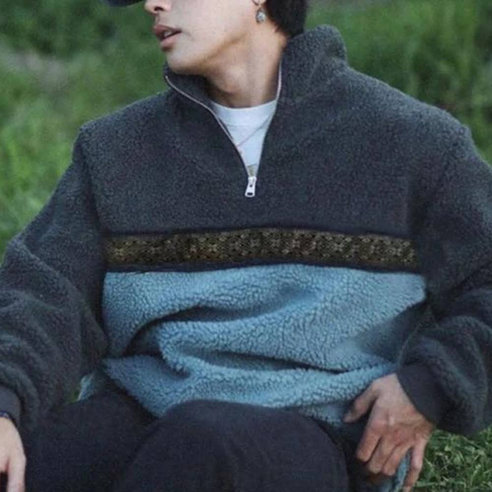 Heren Fleece Trui met Ritskraag en Colorblock Design Warm en Zacht met Relaxte Pasvorm