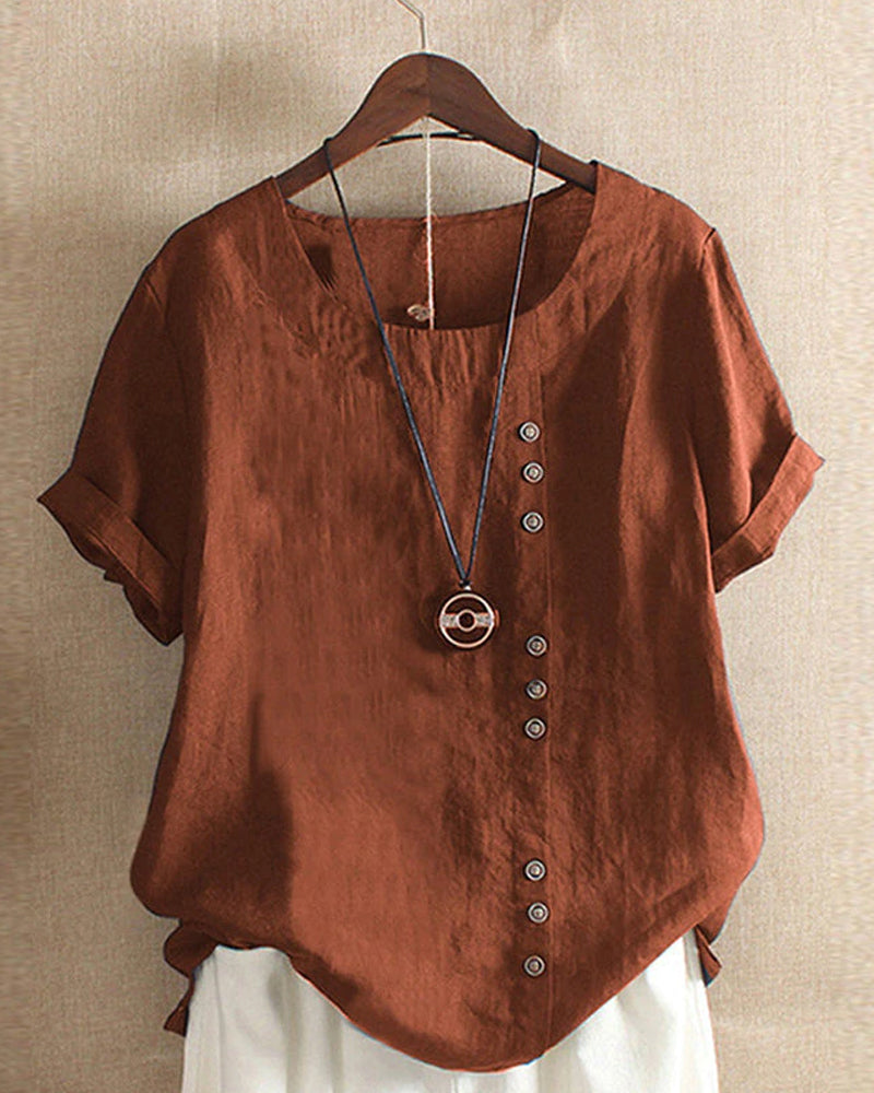 Dames linnen blouse met korte mouwen en sierknopen in diverse kleuren – luchtige zomer top met relaxte pasvorm