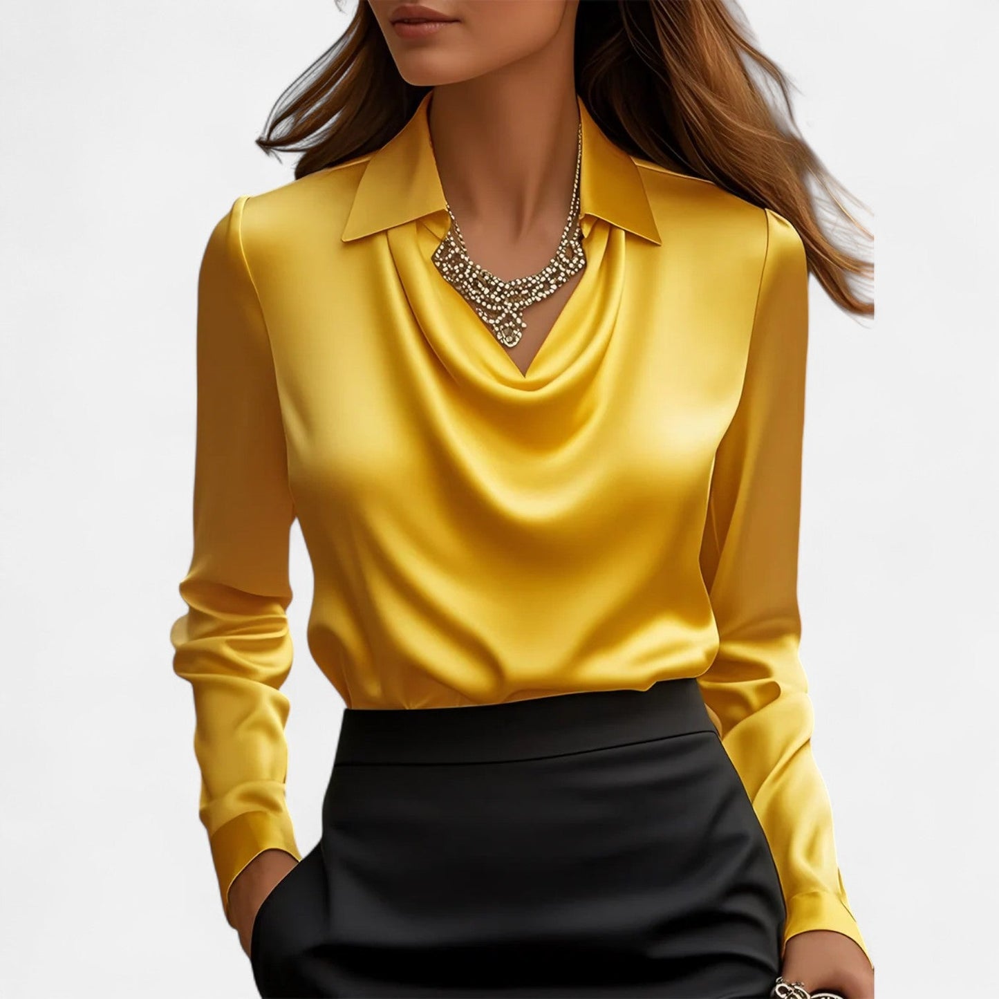 Dames blouse in diverse kleuren – satijnen blouse met watervalhals en lange mouwen