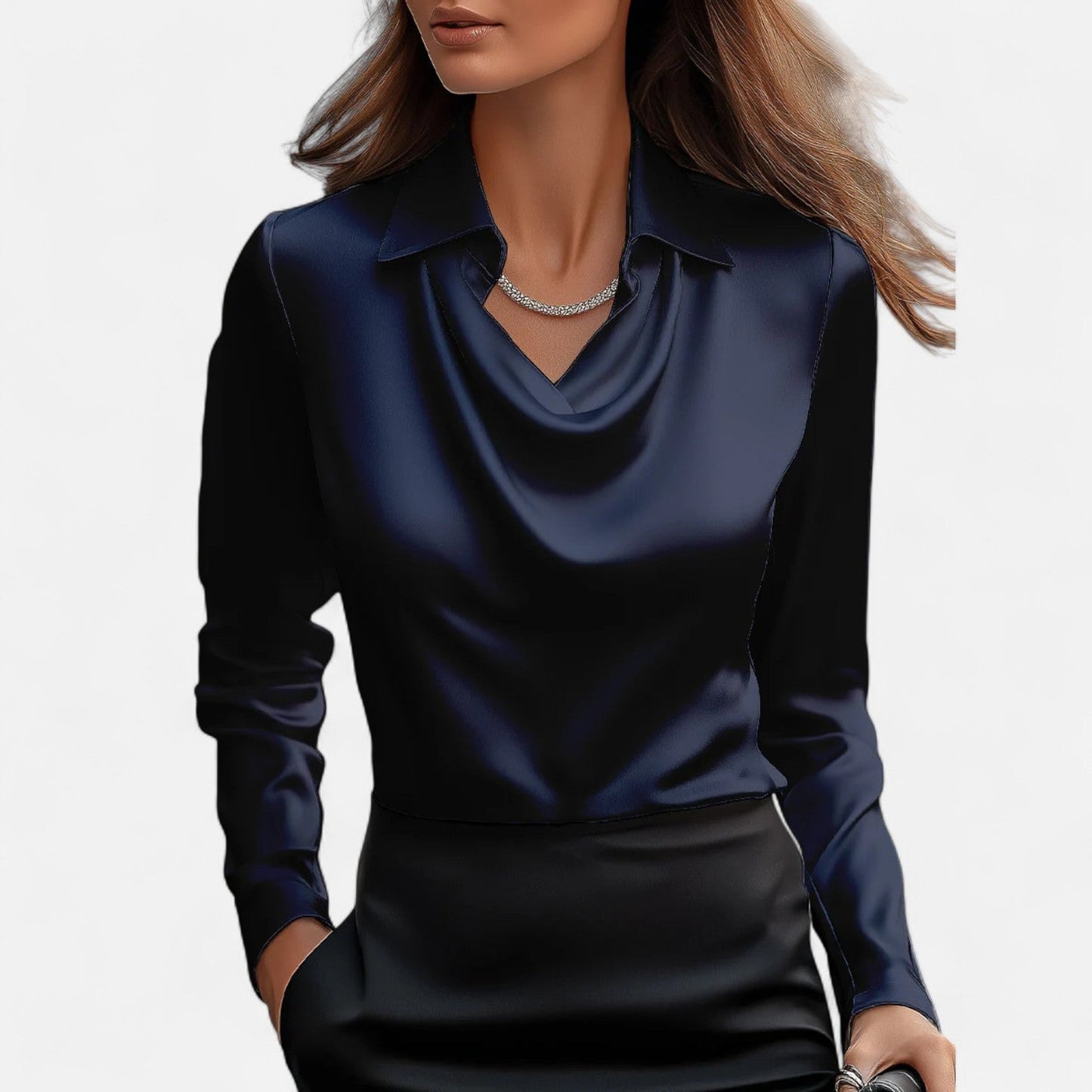 Dames blouse in diverse kleuren – satijnen blouse met watervalhals en lange mouwen