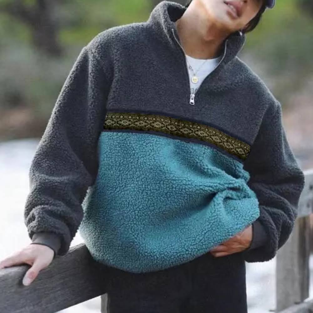 Heren Fleece Trui met Ritskraag en Colorblock Design Warm en Zacht met Relaxte Pasvorm