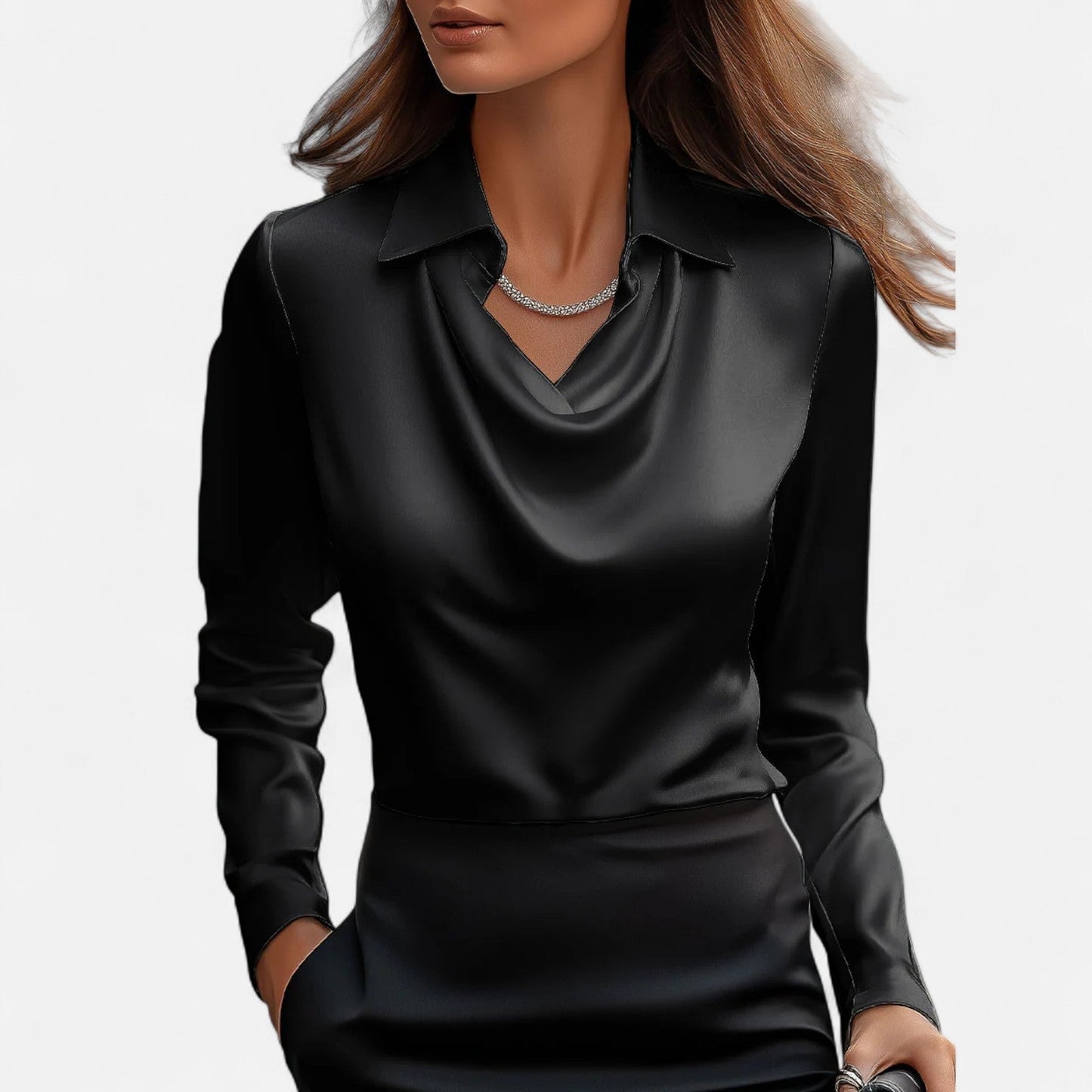 Dames blouse in diverse kleuren – satijnen blouse met watervalhals en lange mouwen