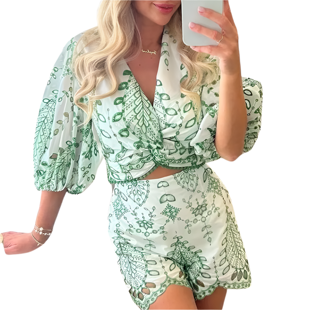 Dames Zomerset met Blouse en Korte Broek Luchtige Stoffen met Geborduurde Print en Boho Details