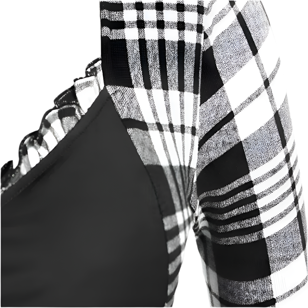 Dames Jurk met Geruit Design en Knoopdetail Asymmetrisch Model met Tailleceintuur