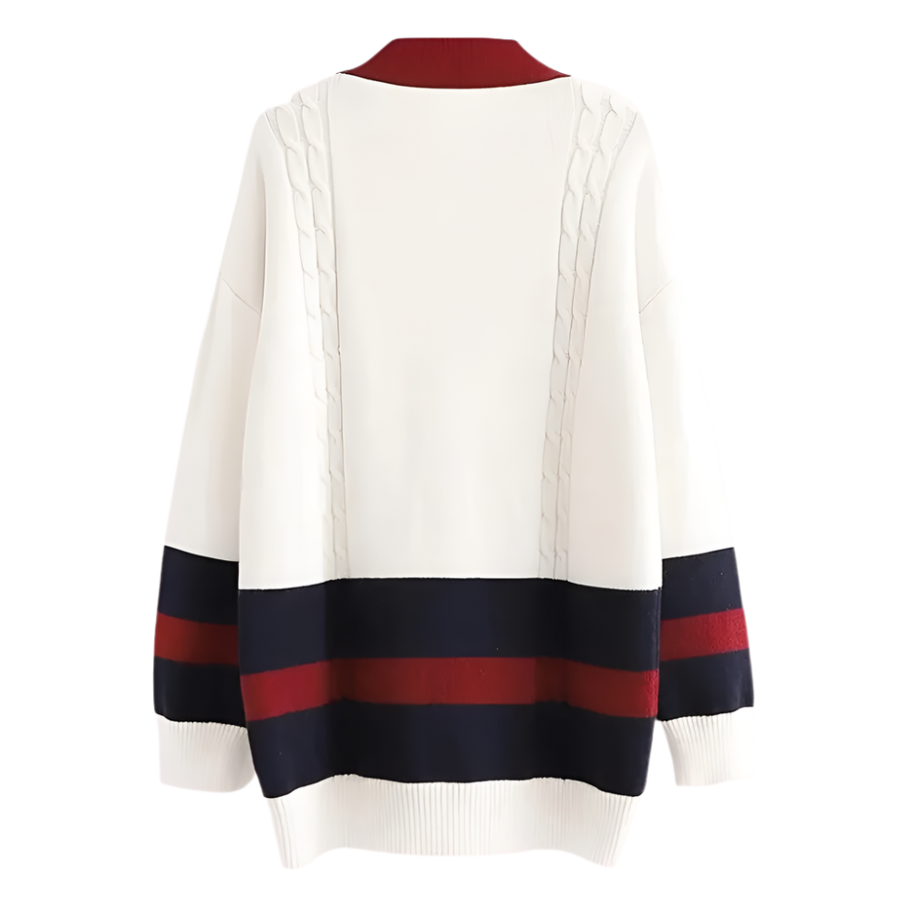 Dames gebreid vest met knopen in crème, navy en bordeaux oversized cardigan met kleuraccenten