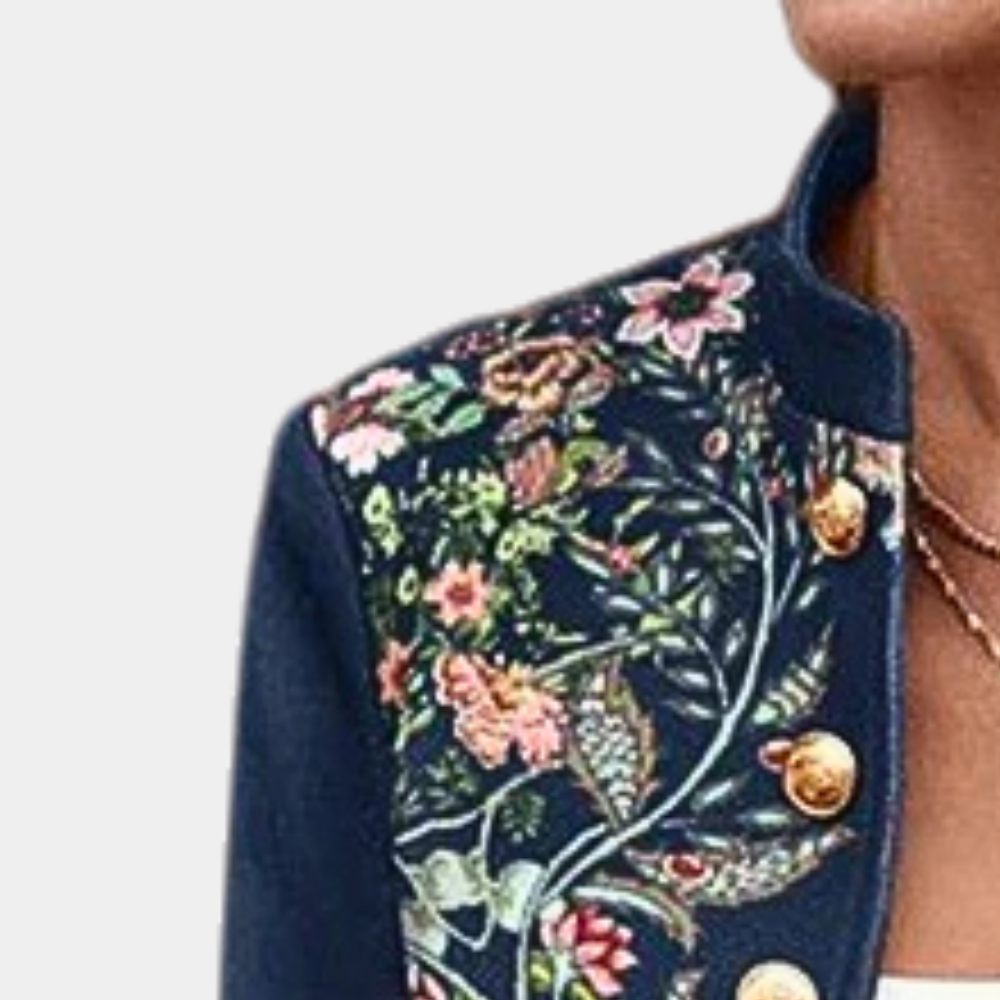 Dames Jas met Opstaande Kraag en Bloemenborduursel Militaire Knopen en Getailleerd Model