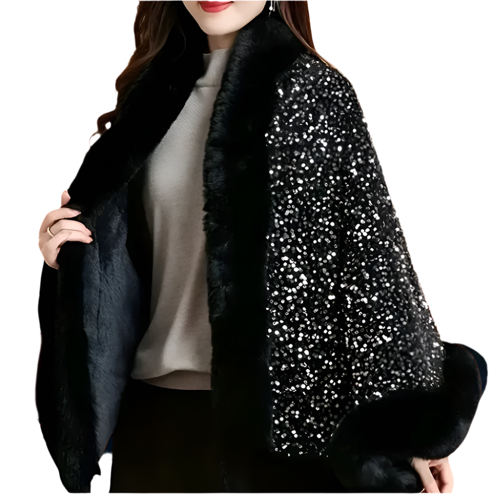 Dames Cape met Imitatiebont en Glinsterende Pailletten Warme Glamourlook voor Winterfeesten en Avonden uit