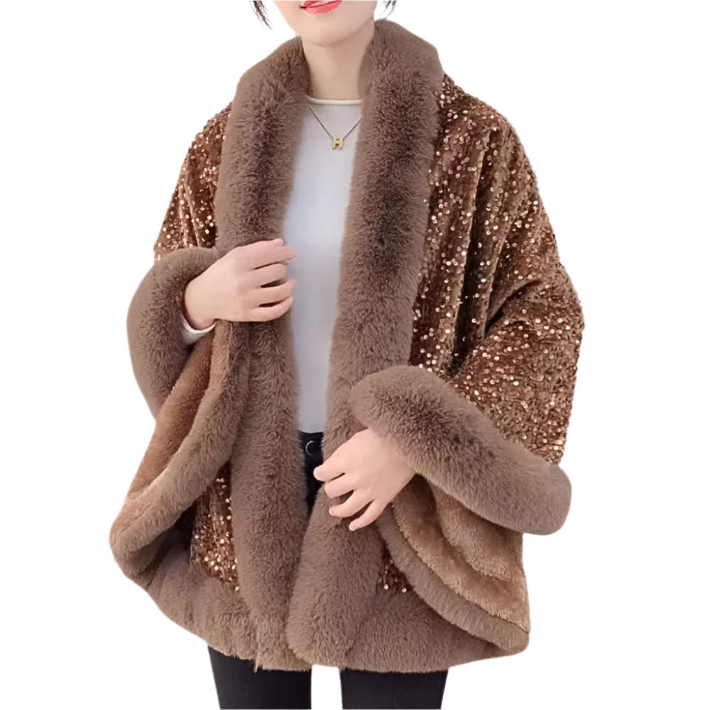 Dames Cape met Imitatiebont en Glinsterende Pailletten Warme Glamourlook voor Winterfeesten en Avonden uit