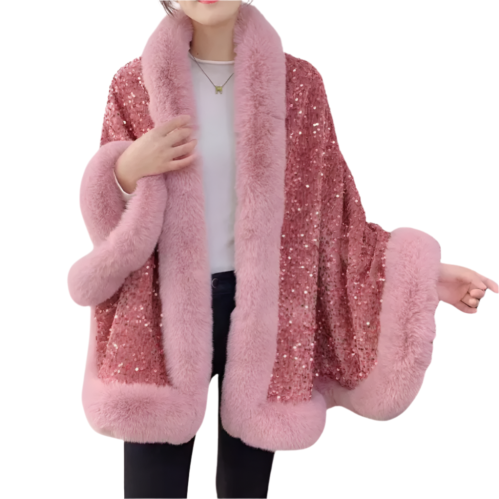 Dames Cape met Imitatiebont en Glinsterende Pailletten Warme Glamourlook voor Winterfeesten en Avonden uit