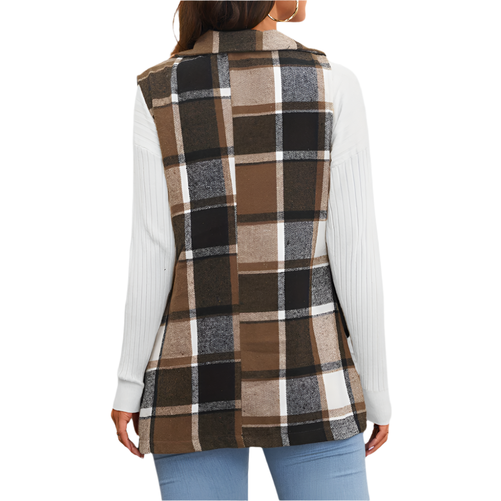 Dames Mouwloos Lang Gilet met Ruitpatroon Modieuze Eyecatcher voor Elk Seizoen