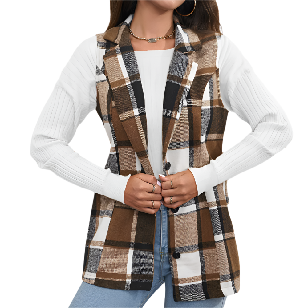 Dames Mouwloos Lang Gilet met Ruitpatroon Modieuze Eyecatcher voor Elk Seizoen