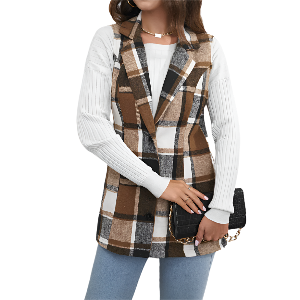 Dames Mouwloos Lang Gilet met Ruitpatroon Modieuze Eyecatcher voor Elk Seizoen