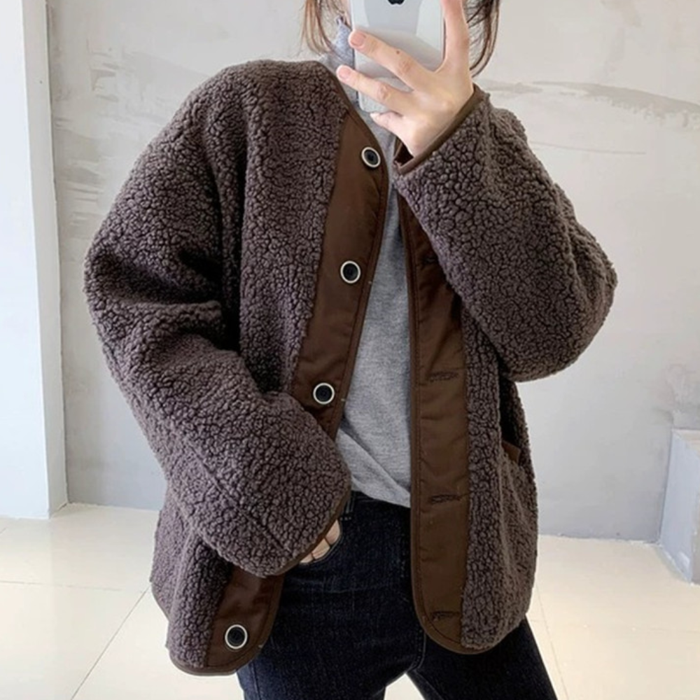 Dames Teddy Fleece Jas met Drukknopen Warme en Comfortabele Tussenjas met Casual Pasvorm