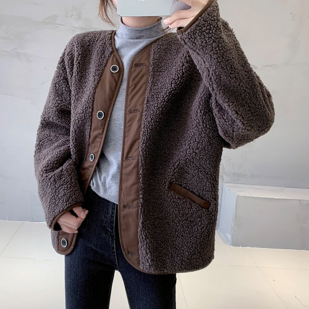 Dames Teddy Fleece Jas met Drukknopen Warme en Comfortabele Tussenjas met Casual Pasvorm