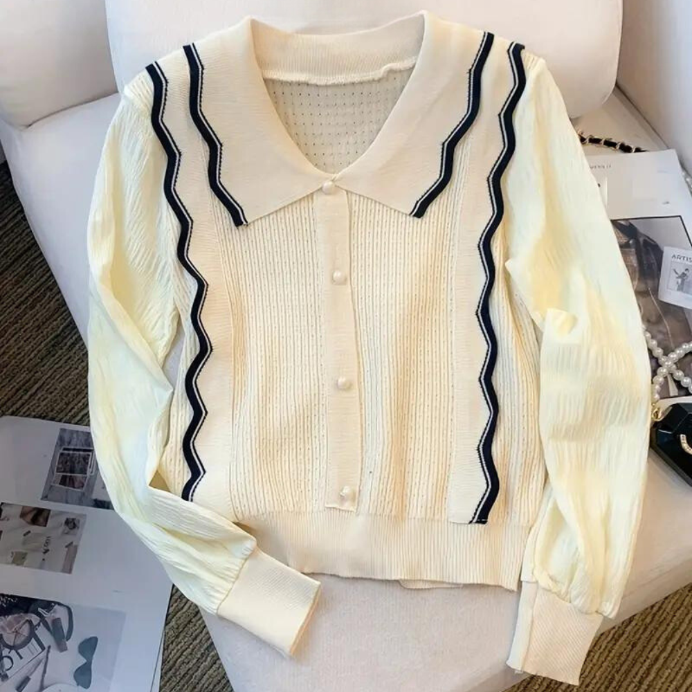 Marioria – Fijngebreide Cardigan met Vintage Kraag en Golvend Detail