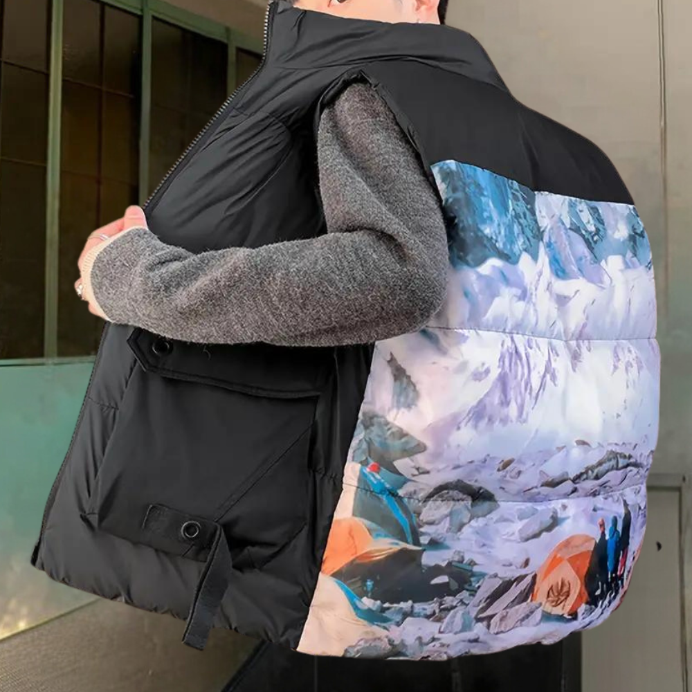 Heren Gewatteerd Bodywarmer met Bergprint Achterzijde Lichtgewicht Outdoor Gilet met Hoge Kraag