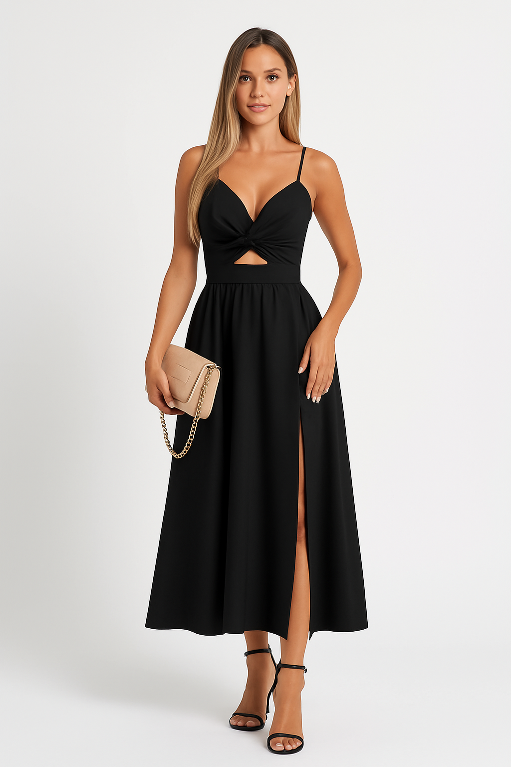 Dames zomerjurk met spaghettibandjes en hoge split luchtige midi jurk met cut-out detail in diverse kleuren, perfect voor feest of vakantie