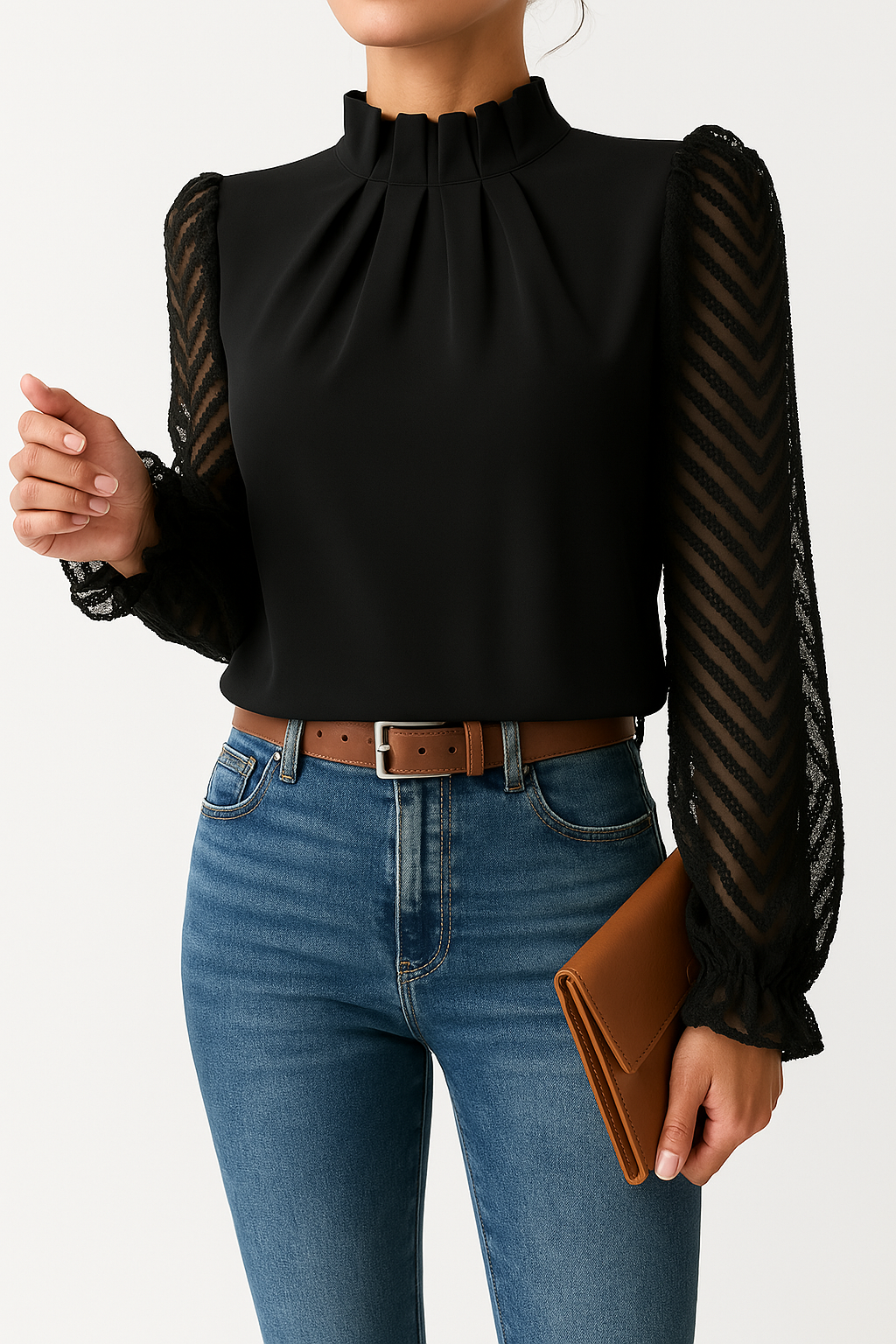 Dames Blouse met Opstaande Hals – Transparante Mouwen & Kantdetail