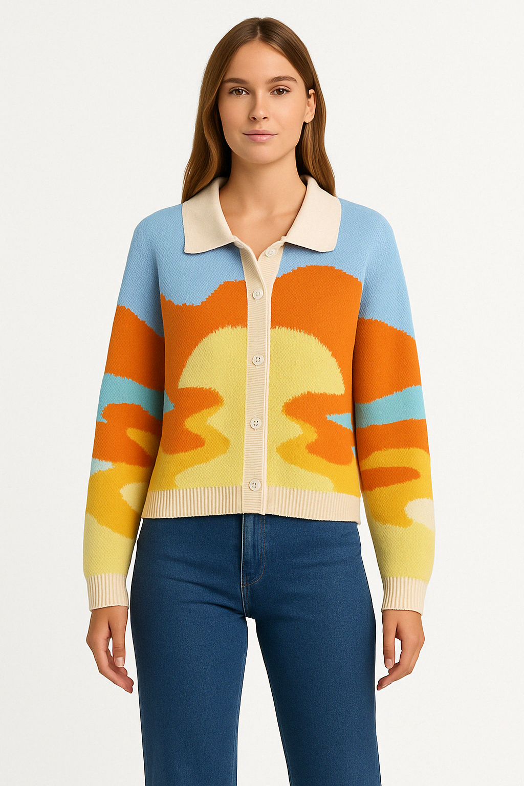 Dames Gebreid Vest met Zonsondergangprint en Kraag Comfortabel en Opvallend Voor Elke Dag