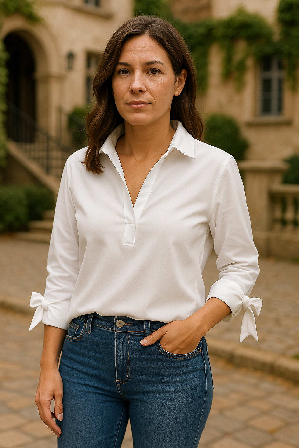 Dames Blouse met V-Hals – Strikdetail & Opstaande Kraag, Katoenmix