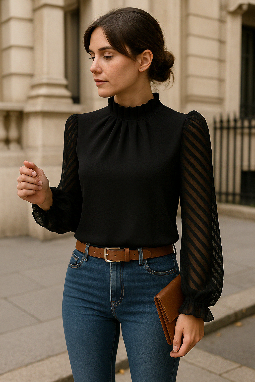 Dames Blouse met Opstaande Hals – Transparante Mouwen & Kantdetail