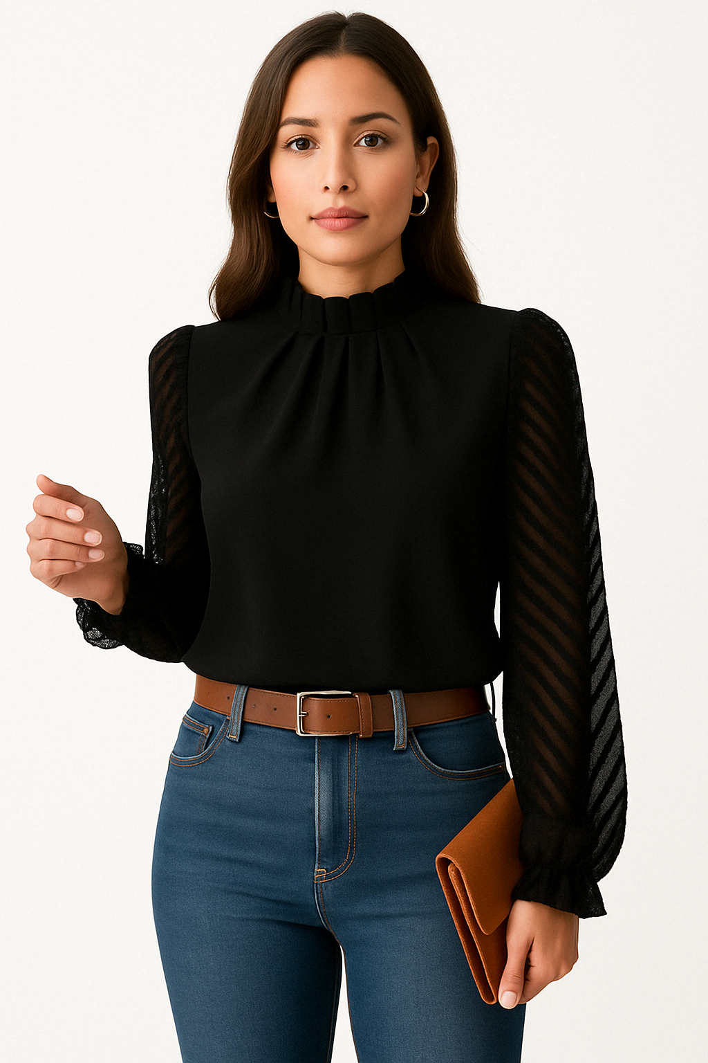 Dames Blouse met Opstaande Hals – Transparante Mouwen & Kantdetail