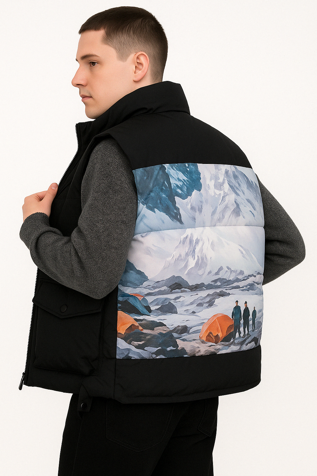 Heren Gewatteerd Bodywarmer met Bergprint Achterzijde Lichtgewicht Outdoor Gilet met Hoge Kraag