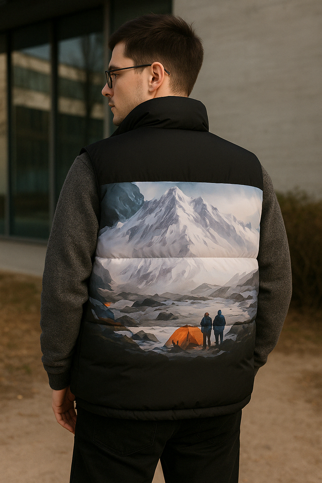 Heren Gewatteerd Bodywarmer met Bergprint Achterzijde Lichtgewicht Outdoor Gilet met Hoge Kraag