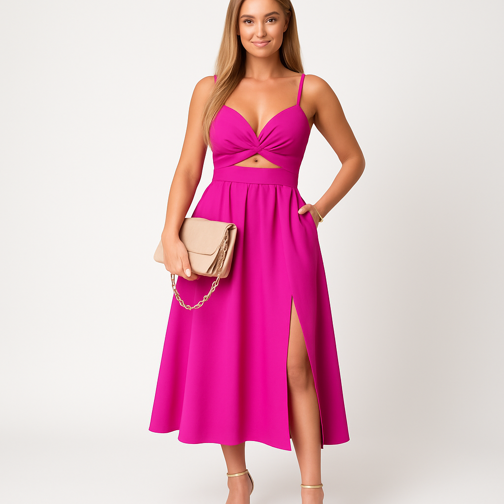 Dames zomerjurk met spaghettibandjes en hoge split luchtige midi jurk met cut-out detail in diverse kleuren, perfect voor feest of vakantie