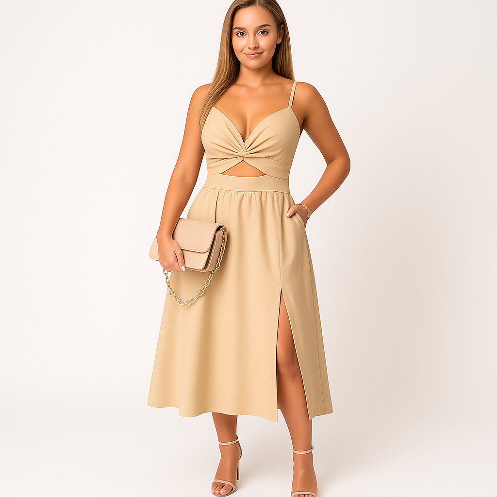 Dames zomerjurk met spaghettibandjes en hoge split luchtige midi jurk met cut-out detail in diverse kleuren, perfect voor feest of vakantie