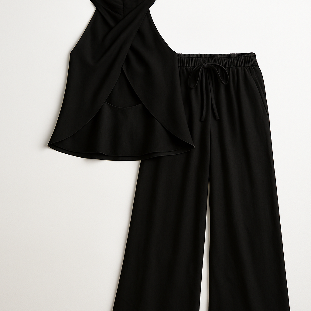Dames zomer set met wijde broek en haltertop in diverse kleuren – luchtig, chique en perfect voor vakantie of een zonnige dag uit