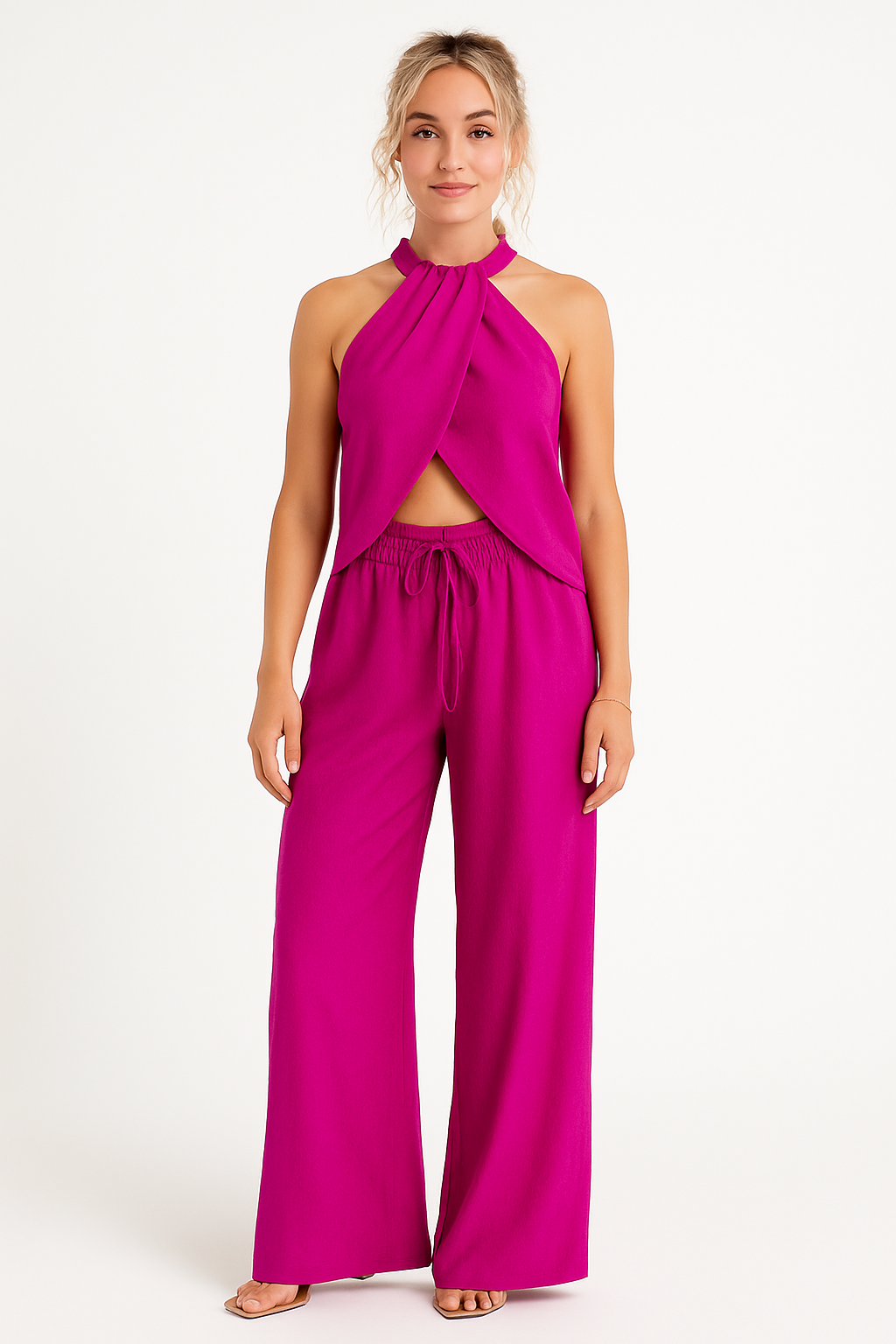 Dames zomer set met wijde broek en haltertop in diverse kleuren – luchtig, chique en perfect voor vakantie of een zonnige dag uit