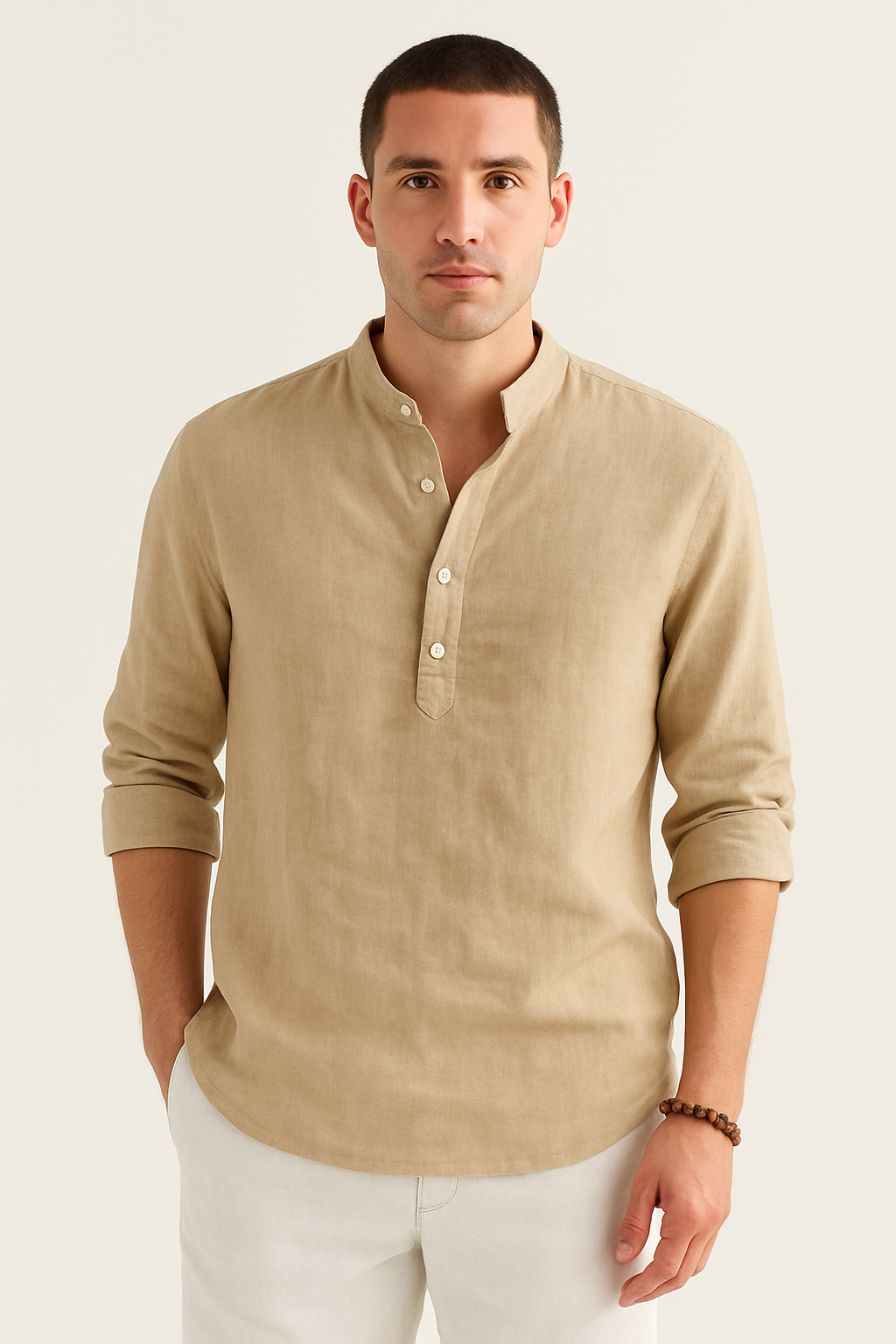 Heren Linnen Shirt met Opstaande Kraag Ademend Zomershirt met Knoopsluiting