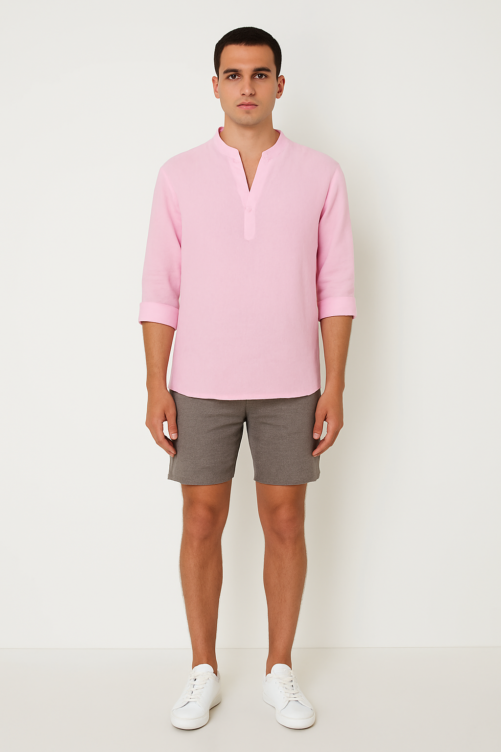 Heren Linnen Shirt met Opstaande Kraag Ademend Zomershirt met Knoopsluiting