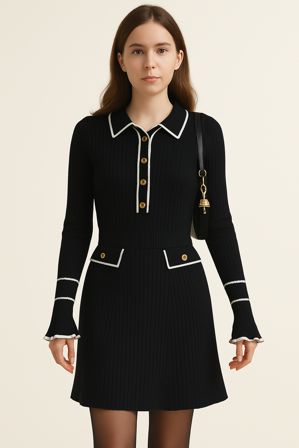 Dames Gebreide Jurk met Kraag en Knopen Geribd Model met Contrasterende Accenten