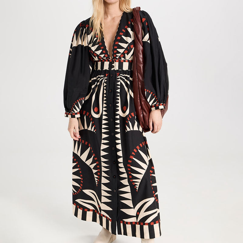 Dames Maxi Jurk met Print in diverse kleuren – Elegante Lange Jurk met Taillekoord en Lange Mouwen