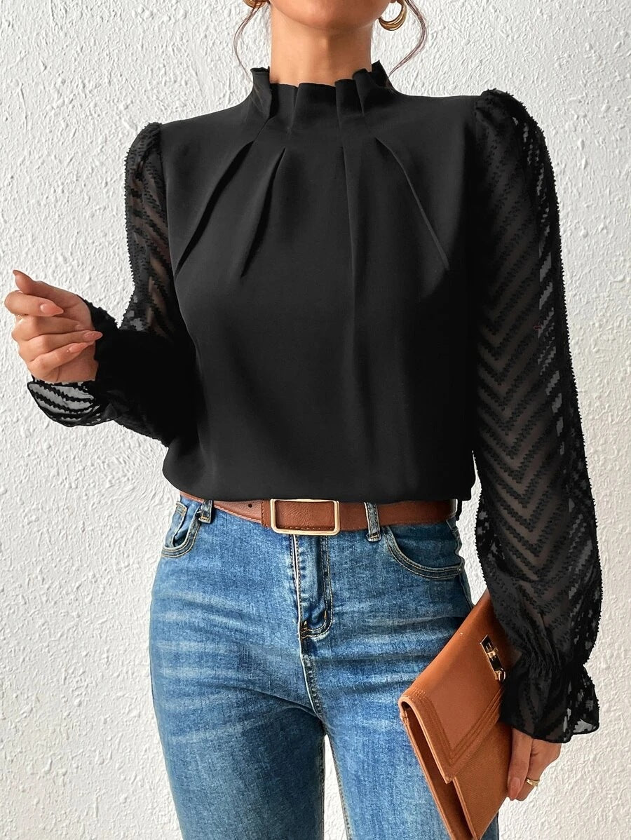 Dames Blouse met Opstaande Hals – Transparante Mouwen & Kantdetail