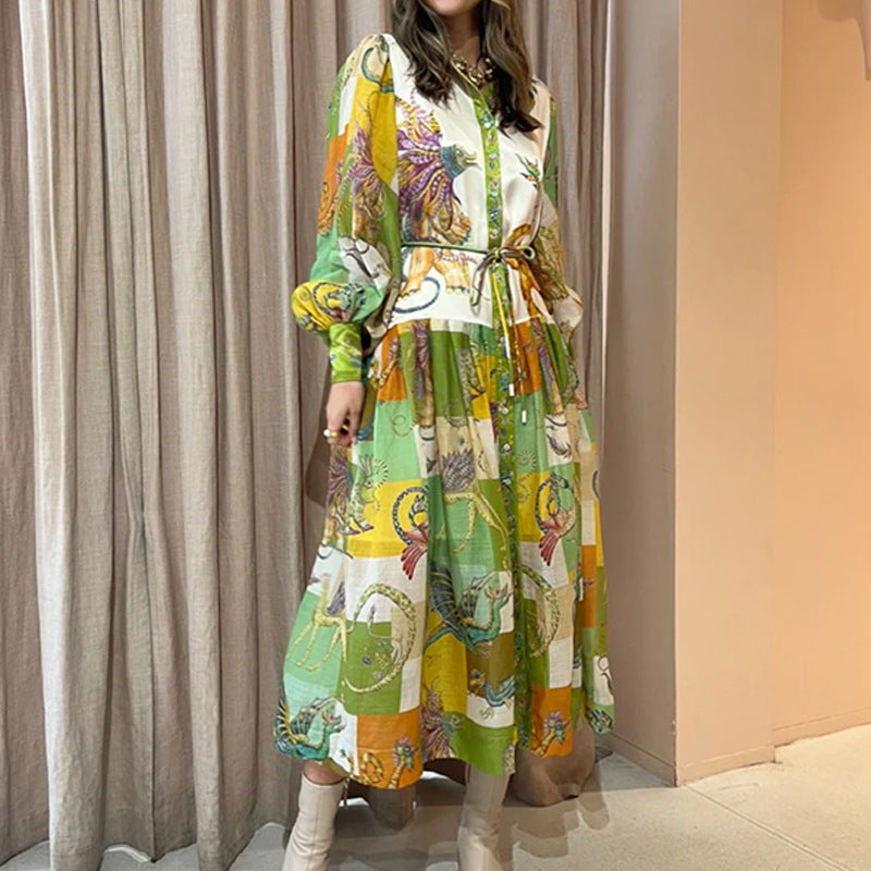 Dames Maxi Jurk met Print in diverse kleuren – Elegante Lange Jurk met Taillekoord en Lange Mouwen