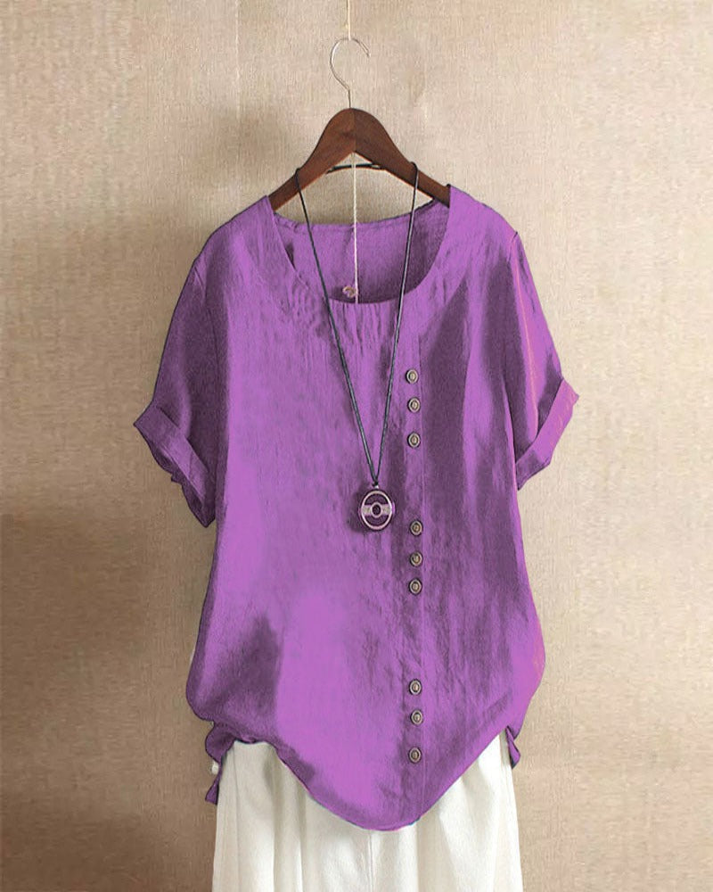 Dames linnen blouse met korte mouwen en sierknopen in diverse kleuren – luchtige zomer top met relaxte pasvorm