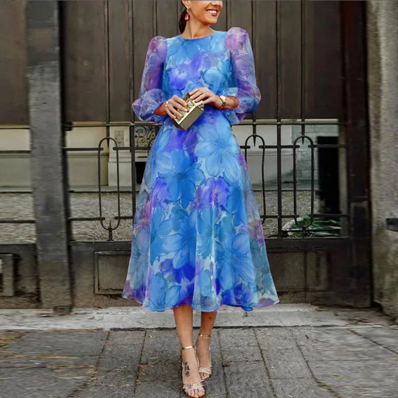Damesjurk met bloemenprint – elegante maxi jurk met lange mouwen