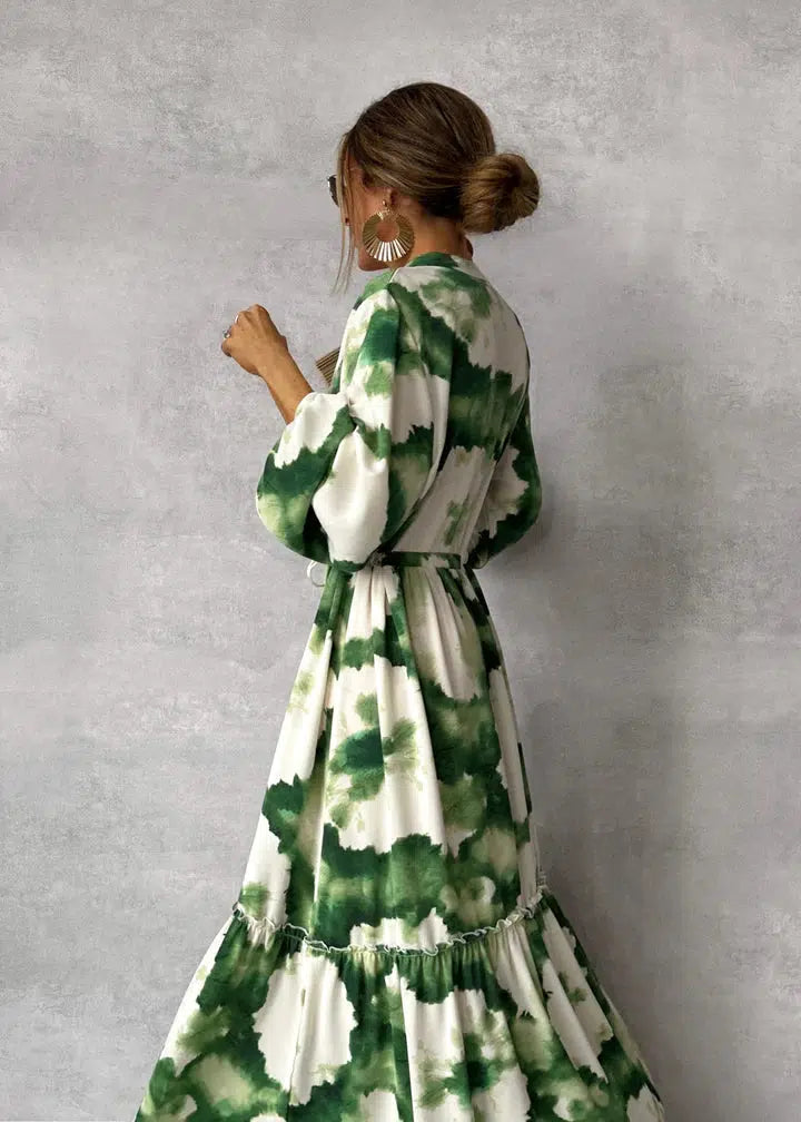 Dames Maxi Jurk met Print in diverse kleuren – Elegante Lange Jurk met Taillekoord en Lange Mouwen