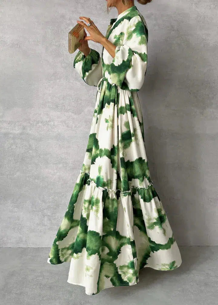 Dames Maxi Jurk met Print in diverse kleuren – Elegante Lange Jurk met Taillekoord en Lange Mouwen