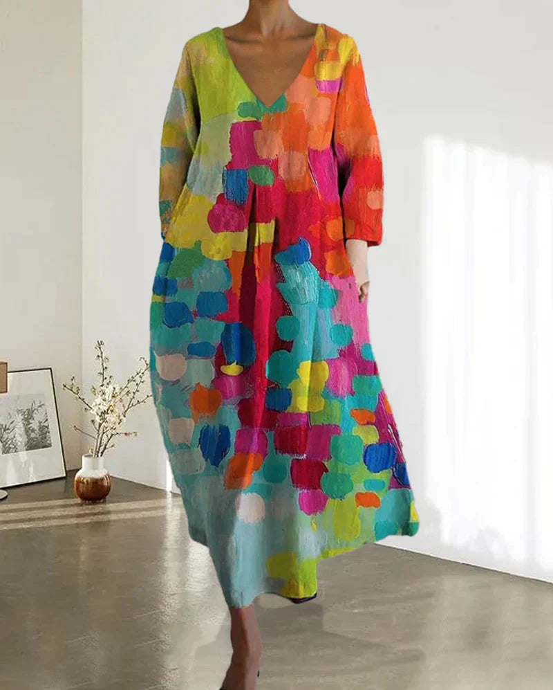 Dames maxi jurk met V-hals en kleurrijke print in diverse kleuren – luchtige zomerjurk met losvallende pasvorm