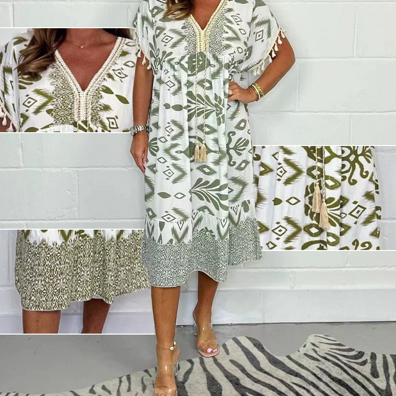 Dames Midi Jurk met Print in diverse kleuren – Losvallende Zomerjurk met V-hals en Taillekoord