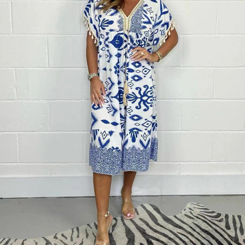 Dames Midi Jurk met Print in diverse kleuren – Losvallende Zomerjurk met V-hals en Taillekoord
