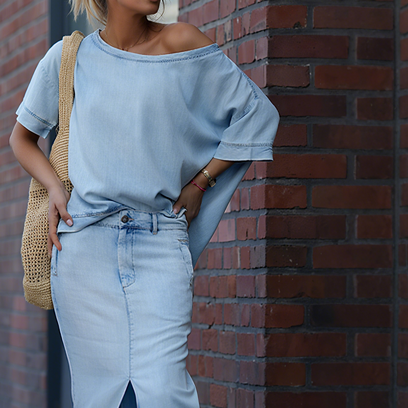Dames set met off-shoulder top en lange splitrok in lichtblauw denimlook