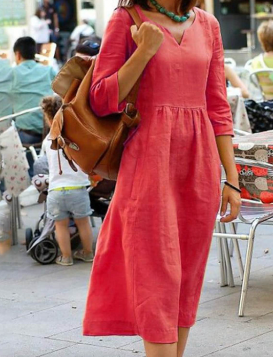 Dames midi zomerjurk van linnenmix met 3/4 mouw – verkrijgbaar in diverse kleuren