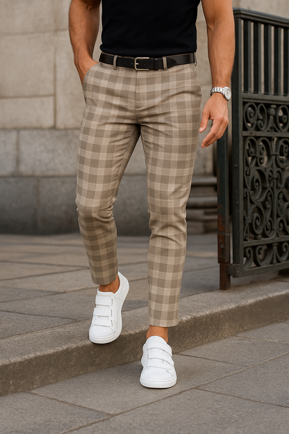 Heren Slim Fit Broek met Ruitpatroon Stretchstof en Tapered Fit voor Casual of Zakelijke Look
